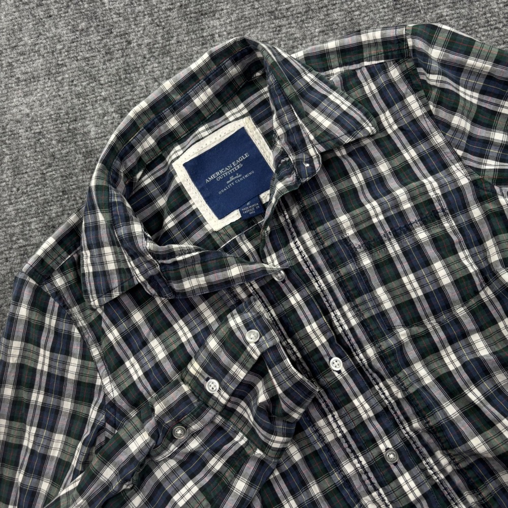 American Eagle Button Down Shirt 6 Green Blue Plaid Long Sleeve Women's‎